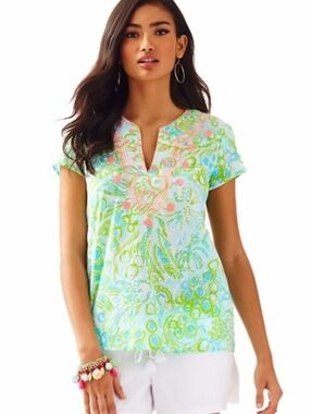 Lilly Pulitzer Sea Breeze Tunic Top Tropical Print Pink Embroidered Cotton, XL